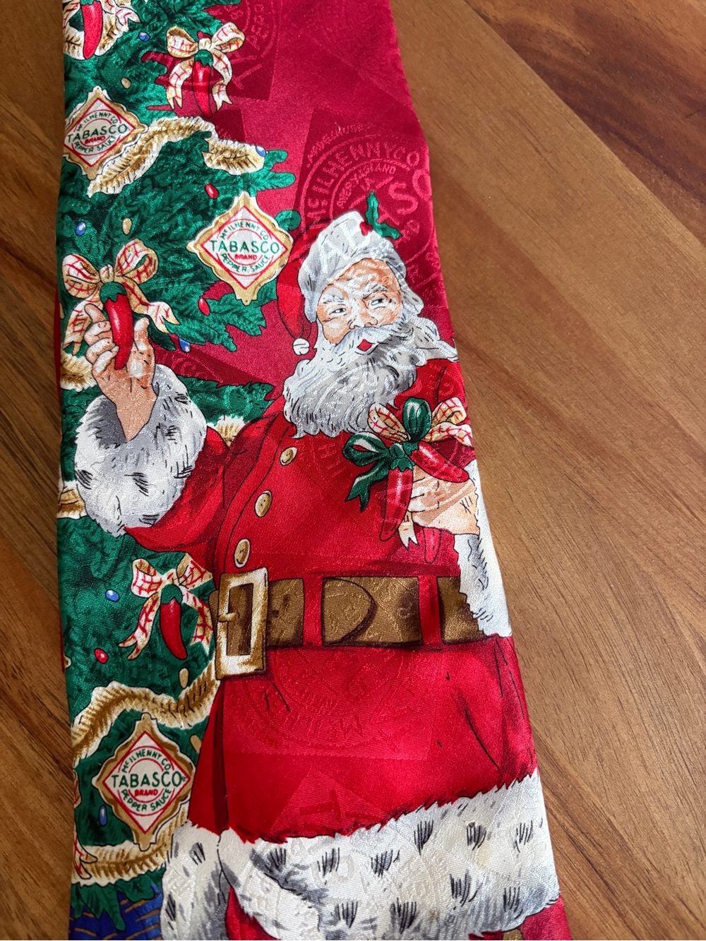 Tabasco Red Santa Claus Holiday Tie with Green Tree Accents